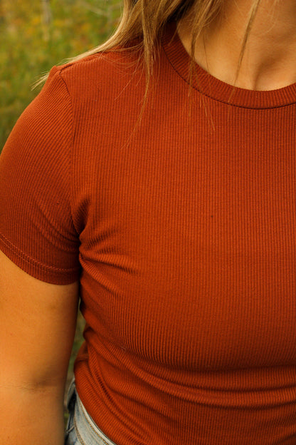 Short Sleeved Ribbed Tee Shirt in Pumpkin Spice